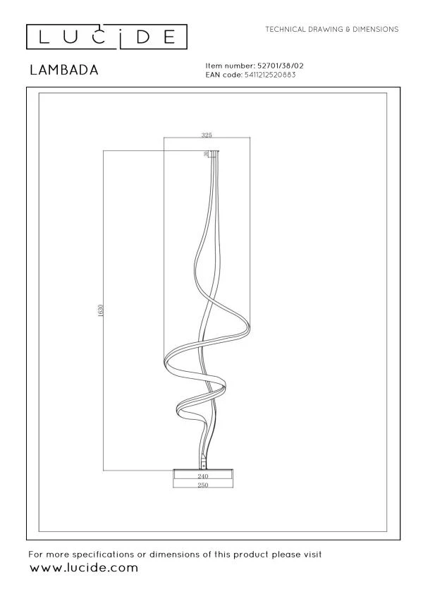 Lucide LAMBADA - Lampadaire - LED Dim. - 1x38W 2700K - Or Mat / Laiton | Premium - technique